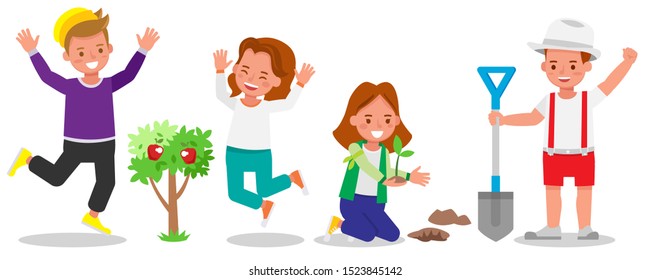 Set of children character vector design. Girl And Boy Working In The Garden. Kids Plant A Tree.