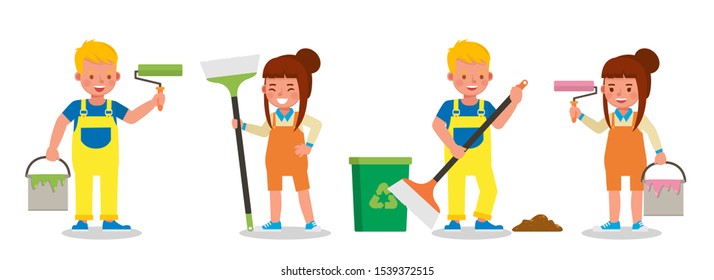 Set of children character vector design. Presentation in various action with emotions.