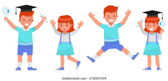 Conjunto de diseños vectoriales de caracteres secundarios. Muchacho y chica llevan pantalones azul y blanco. Presentación en diversas acciones con emociones.