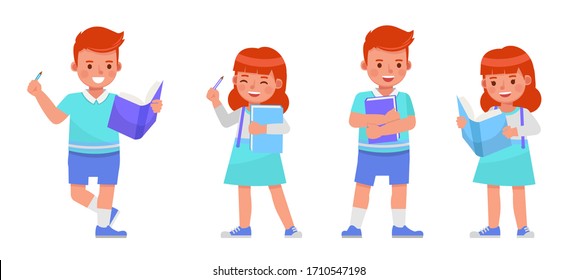 Set of children character vector design. Boy and girl wear blue, white shirt. Presentation in various action with emotions.