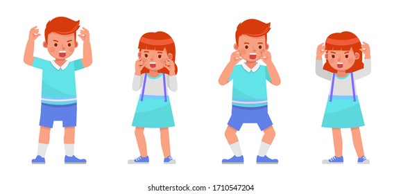 Set of children character vector design. Boy and girl wear blue, white shirt. Presentation in various action with emotions.