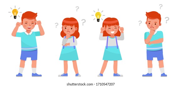 Set of children character vector design. Boy and girl wear blue, white shirt. Presentation in various action with emotions.