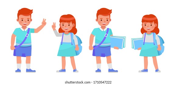 Set of children character vector design. Boy and girl wear blue, white shirt. Presentation in various action with emotions.