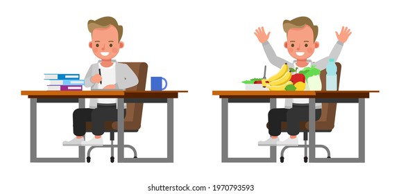 Set of children character vector design. Boy wear grey shirt. Presentation in various action with emotions.