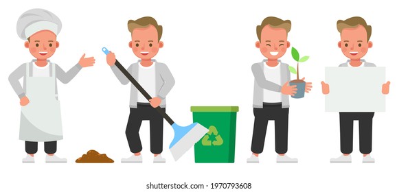 Set of children character vector design. Boy wear grey shirt. Presentation in various action with emotions.