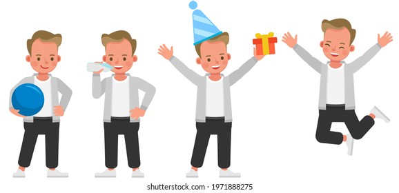 Set of children character vector design. Boy wear grey shirt. Presentation in various action with emotions.