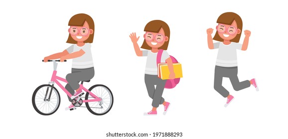 Set of children character vector design. Girl wear white shirt. Presentation in various action with emotions.