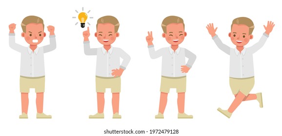 Set of children character vector design. Boy wear white shirt. Presentation in various action with emotions.