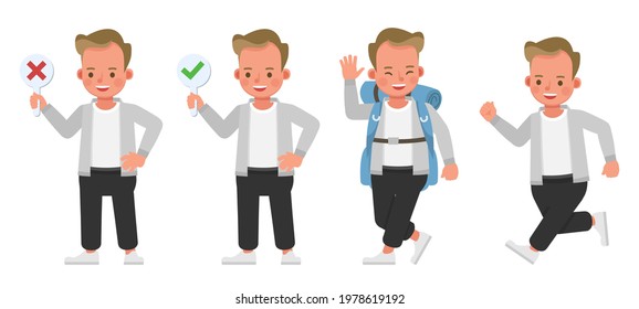 Set of children character vector design. Boy wear grey shirt. Presentation in various action with emotions.