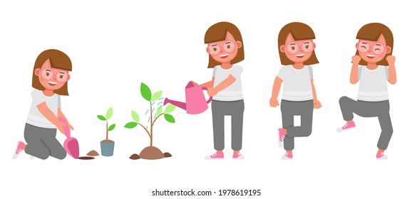 Set of children character vector design. Girl wear white shirt. Presentation in various action with emotions.