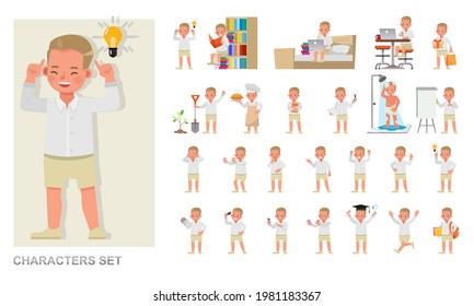 Set of children character vector design. Boy wear white shirt. Presentation in various action with emotions, running, standing and walking. 