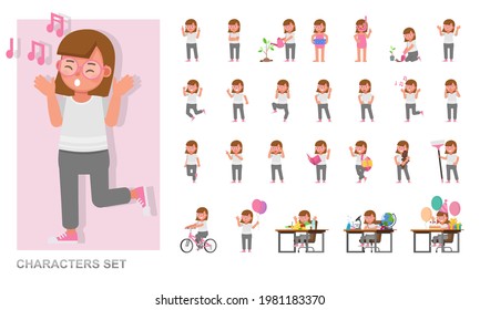 Set of children character vector design. Girl wear white shirt. Presentation in various action with emotions, running, standing and walking. 