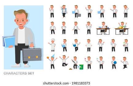 Set of children character vector design. Boy wear grey shirt. Presentation in various action with emotions, running, standing and walking. 