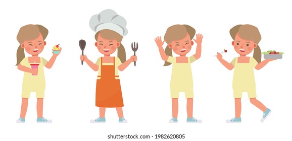Set of children character vector design. Girl wear yellow shirt and cooking. Presentation in various action with emotions.