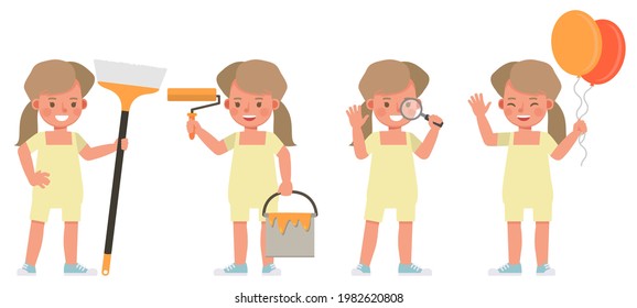 Set of children character vector design. Girl wear yellow shirt and doing activity. Presentation in various action with emotions.