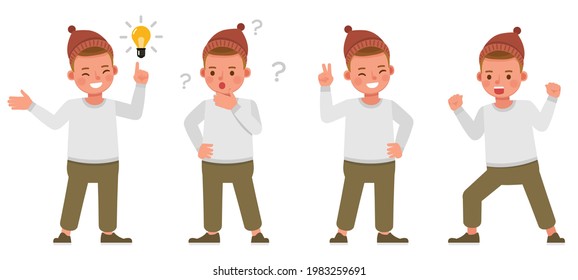 Set of children character vector design. Boy wear white shirt and red hat. Presentation in various action with emotions.