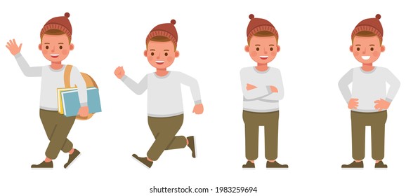 Conjunto de diseño vectorial de caracteres secundarios. El chico usa camisa blanca y sombrero rojo. Presentación en diversas acciones con emociones.