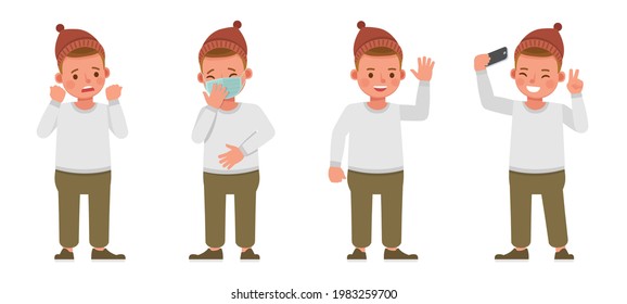 Set of children character vector design. Boy wear white shirt and red hat. Presentation in various action with emotions.
