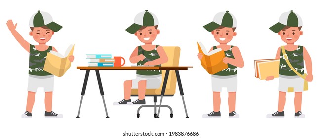 Set of children character vector design. Boy wear green shirt. Presentation in various action with emotions.
