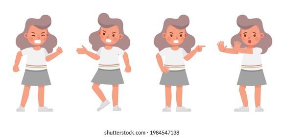 Set of children character vector design. Girl wear white shirt and grey skirt. Presentation in various action with emotions. angry upset kids.