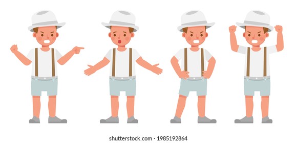 Set of children character vector design. Boy wear white shirt and hat. Presentation in various action with emotions.