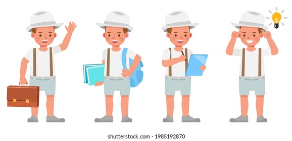 Set of children character vector design. Boy wear white shirt and hat. Presentation in various action with emotions.