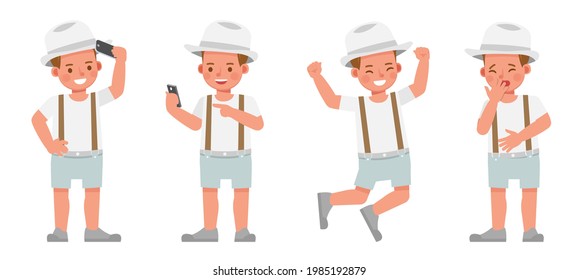 Set of children character vector design. Boy wear white shirt and hat. Presentation in various action with emotions.