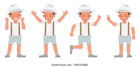 Set of children character vector design. Boy wear white shirt and hat. Presentation in various action with emotions.