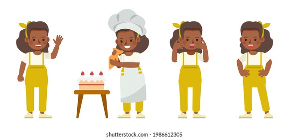 Conjunto de diseño vectorial de caracteres secundarios. Las chicas usan traje de salto amarillo y cocinan. Presentación en diversas acciones con emociones.