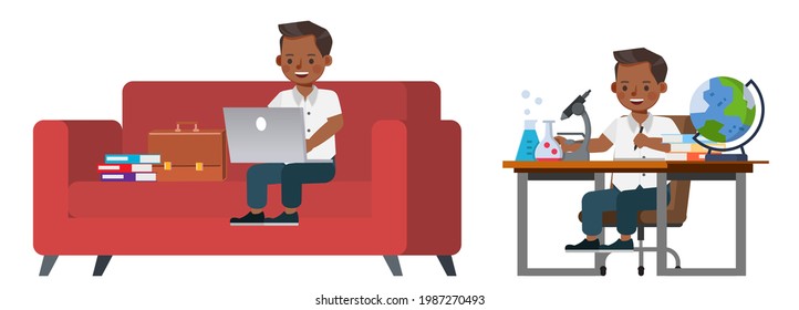 Conjunto de diseño vectorial de caracteres secundarios. El chico usa camisa blanca y pantalones azules. Presentación en diversas acciones con emociones.