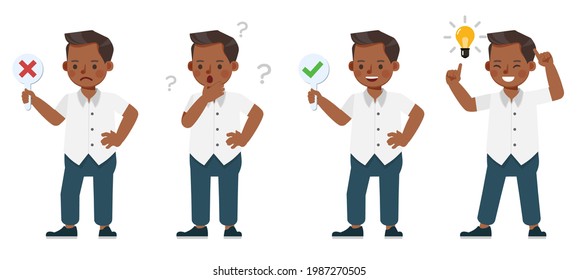 Set of children character vector design. Boy wear white shirt and blue pants. Presentation in various action with emotions.