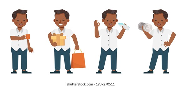 Set of children character vector design. Boy wear white shirt and blue pants. Presentation in various action with emotions.