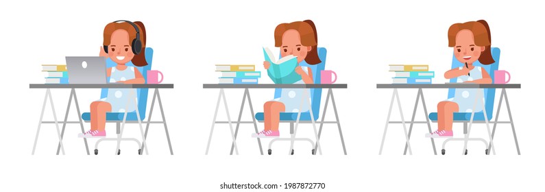 Set of children character vector design. Girl wear blue dress and reading a book. Presentation in various action with emotions.