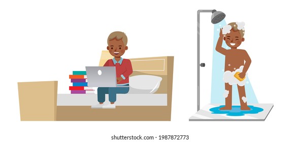 Set of children character vector design. Boy wear red shirt. Presentation in various action with emotions. kids doing homework and take a bath.