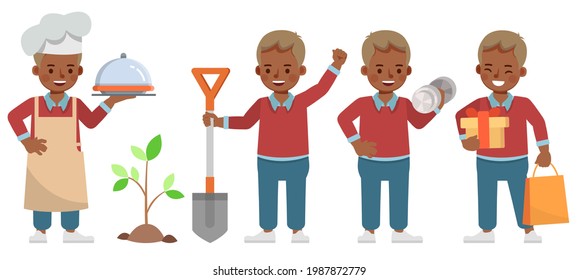 Set of children character vector design. Boy wear red shirt. Presentation in various action with emotions. kids doing activity.