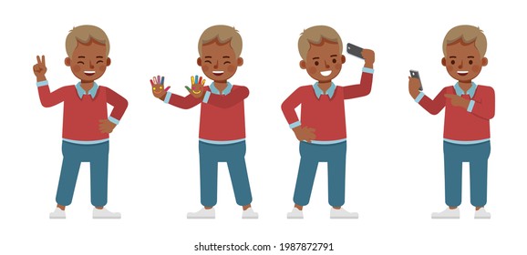 Set of children character vector design. Boy wear red shirt. Presentation in various action with emotions. kids playing mobile phone.