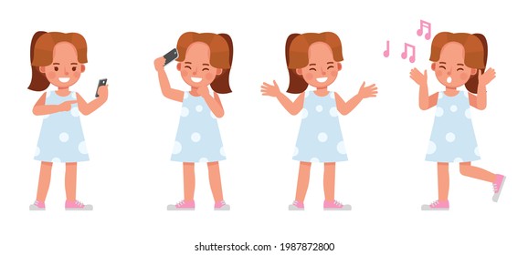 Set Of Children Character Vector Design. Girl Wear Blue Dress. Presentation In Various Action With Emotions. Kids Singing And Playing Mobile Phone.