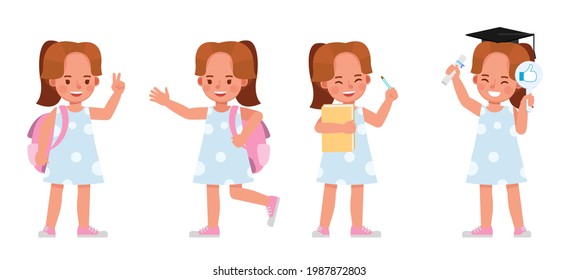 Set of children character vector design. Girl wear blue dress. Presentation in various action with emotions. kids going to school.