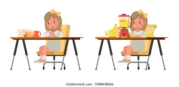 Set of children character vector design. Girl wear grey dress. Presentation in various action with emotions. kids doing homework and cooking.