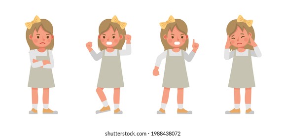 Conjunto de diseño vectorial de caracteres secundarios. La chica usa un vestido gris y está enfadada. Presentación en diversas acciones con emociones.