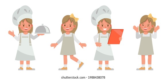 Conjunto de diseño vectorial de caracteres secundarios. La chica usa vestido gris. Presentación en diversas acciones con emociones. niños cocinando comida.