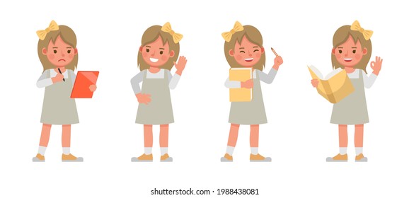 Set of children character vector design. Girl wear grey dress. Presentation in various action with emotions. kids reading and hold a book.