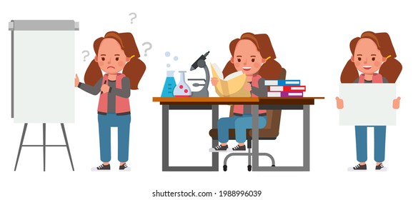 Set of children character vector design. Girl wear red shirt. Presentation in various action with emotions. kids doing homework and reading a book.