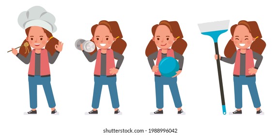 Conjunto de diseño vectorial de caracteres secundarios. La chica lleva camisa roja. Presentación en diversas acciones con emociones. niños haciendo actividades.