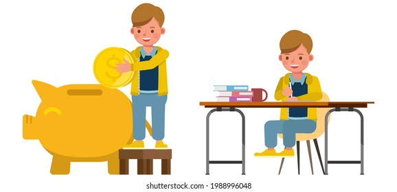 Conjunto de diseño vectorial de caracteres secundarios. El chico usa camisa amarilla. Presentación en diversas acciones con emociones. los niños hacen los deberes y ahorran dinero.