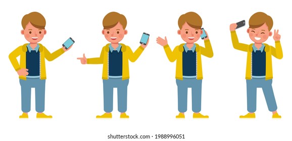 Set Of Children Character Vector Design. Boy Wear Yellow Shirt. Presentation In Various Action With Emotions. Kids Playing Mobile Phone.