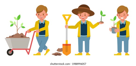 Set of children character vector design. Boy wear yellow shirt. Presentation in various action with emotions. kids planting tree.