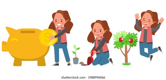 Set of children character vector design. Girl wear red shirt. Presentation in various action with emotions. kids planting tree and save money.