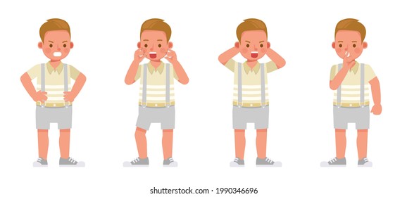 Set of children character vector design. Boy wear yellow shirt and grey shorts. Presentation in various action with emotions. angry upset kids.