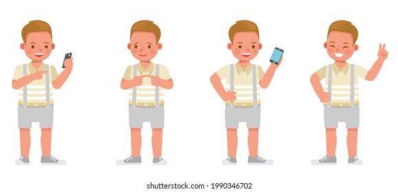 Set of children character vector design. Boy wear yellow shirt and grey shorts. Presentation in various action with emotions.
